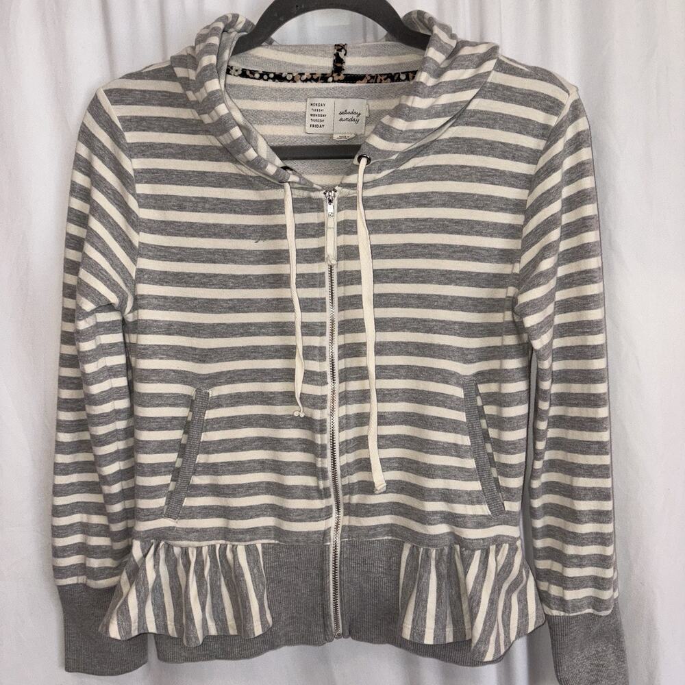 Anthropologie Saturday and Sunday Ruffle Striped Full Zip Hoodie Gray MEDIUM